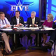 Game-show host Alex Trebek (third from right) joins Fox News Channel’s The Five. Bob Beckel is second from left.